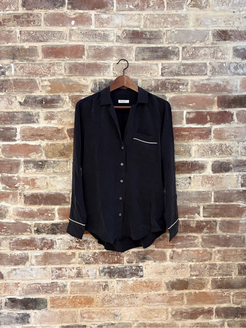 Equipment Silk Black Button-Down Silk Blouse with White Piping